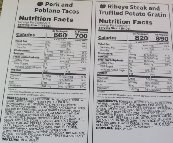 Nutrition Facts for two fresh meals