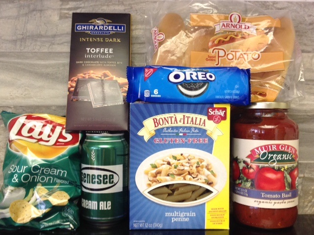 potato chips, chocolate, beer. pasta, Oreo cookies, organic tomato sauce and potato buns