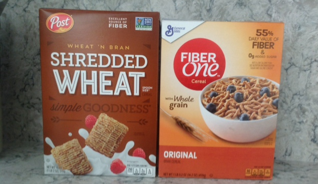 boxes of wheat & bran Shredded Wheat and Fiber One breakfast cereals