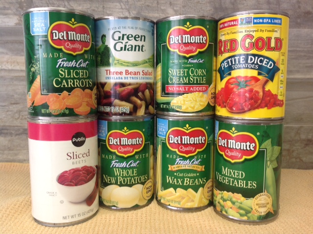 cans of carrots, three bean salad cream corn, diced tomatoes, sliced beets, whole potatoes, wax beans and mixed vegetables
