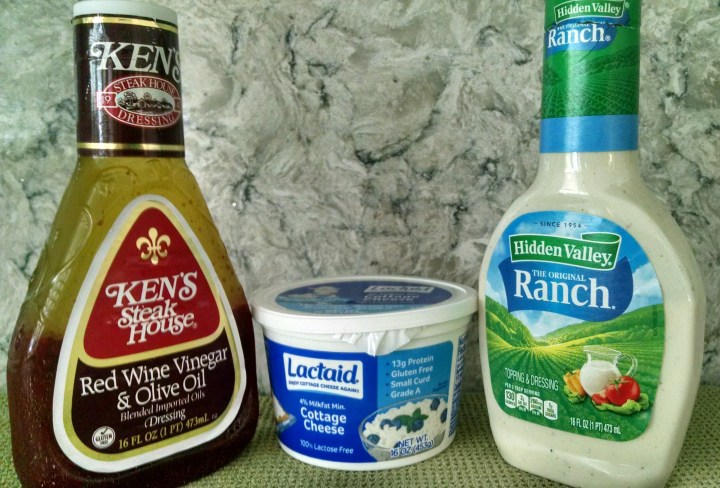 packages of ranch and red wine vinegar & olive oil salad dressing and cottage cheese