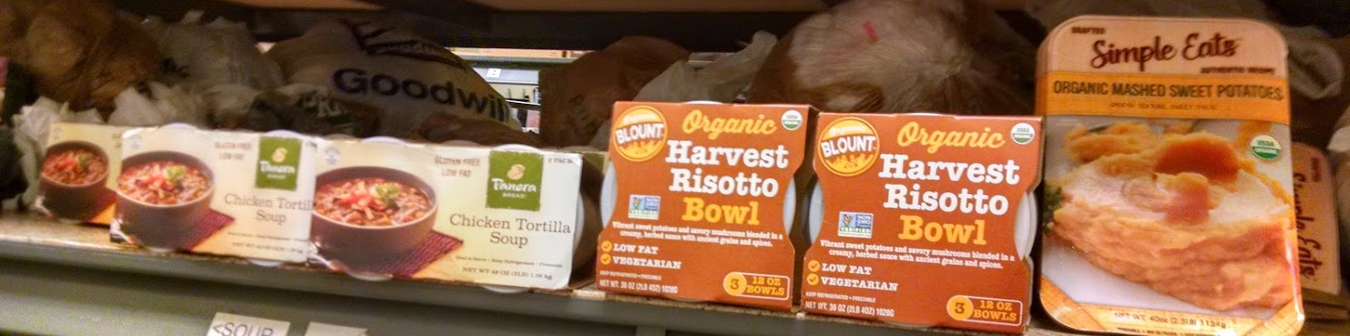 photos of chicken tortilla soup, risotto bowls and simple eats on a food pantry shelf