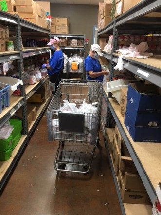 two masked women prebagging processed food