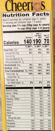 Nutrition Facts statement for Cheerios