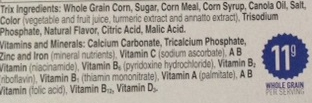 ingredient list from the back of a Trix breakfast cereal package featuring many unpronounceable ingredients.