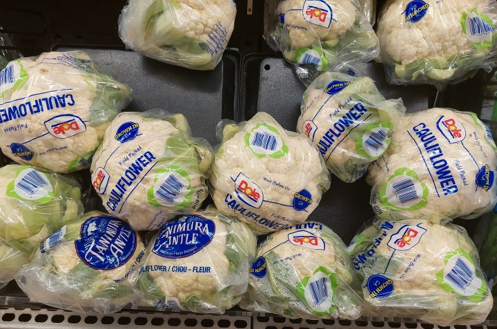Cauliflower on a supermarket display.
