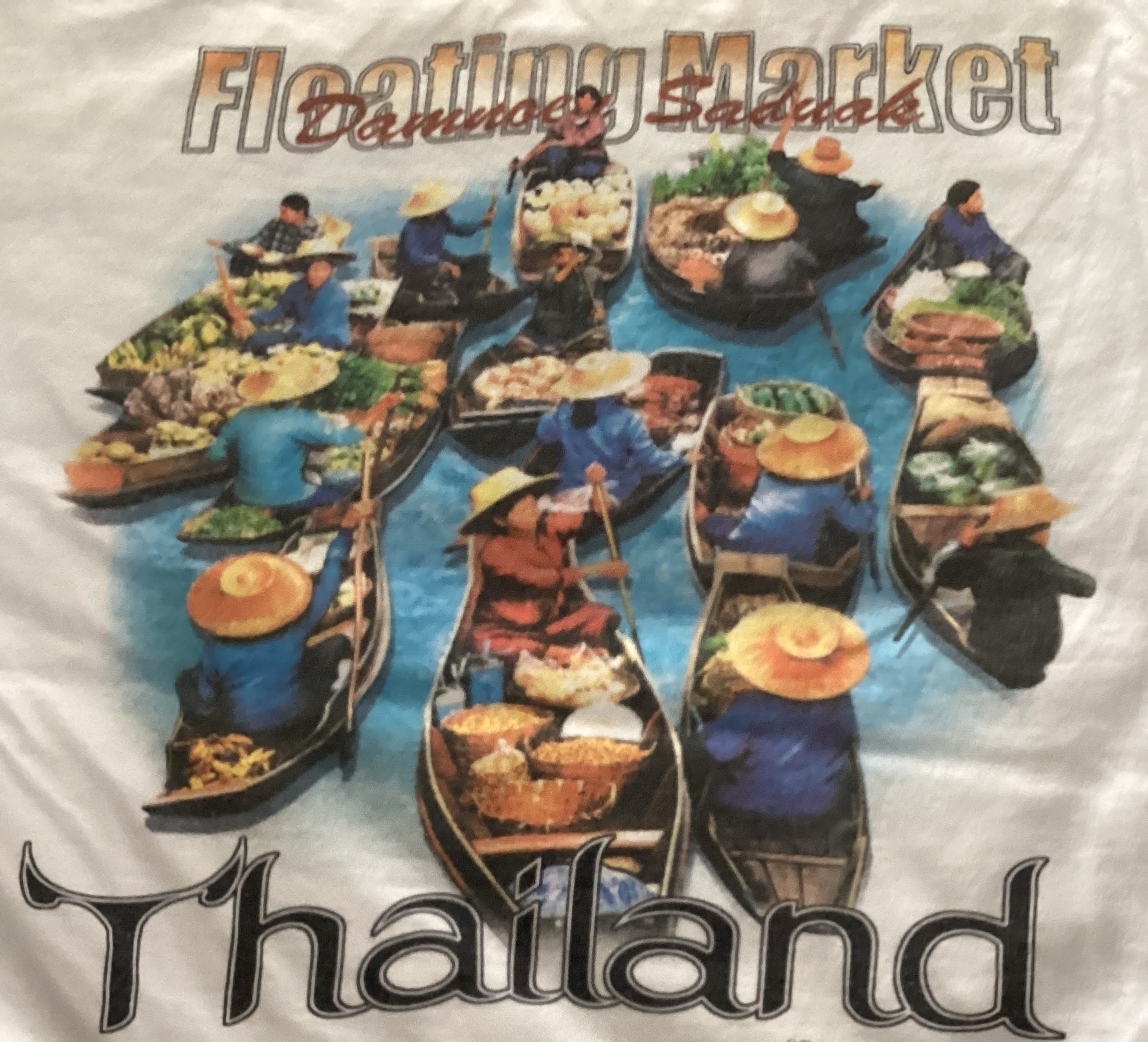 tee shirt displaying a floating market in Thailand