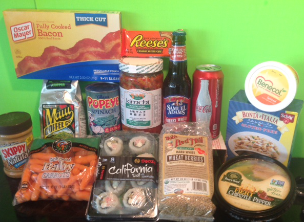 many food products including peanut butter, canned spinach, hummus, margarine and bacon