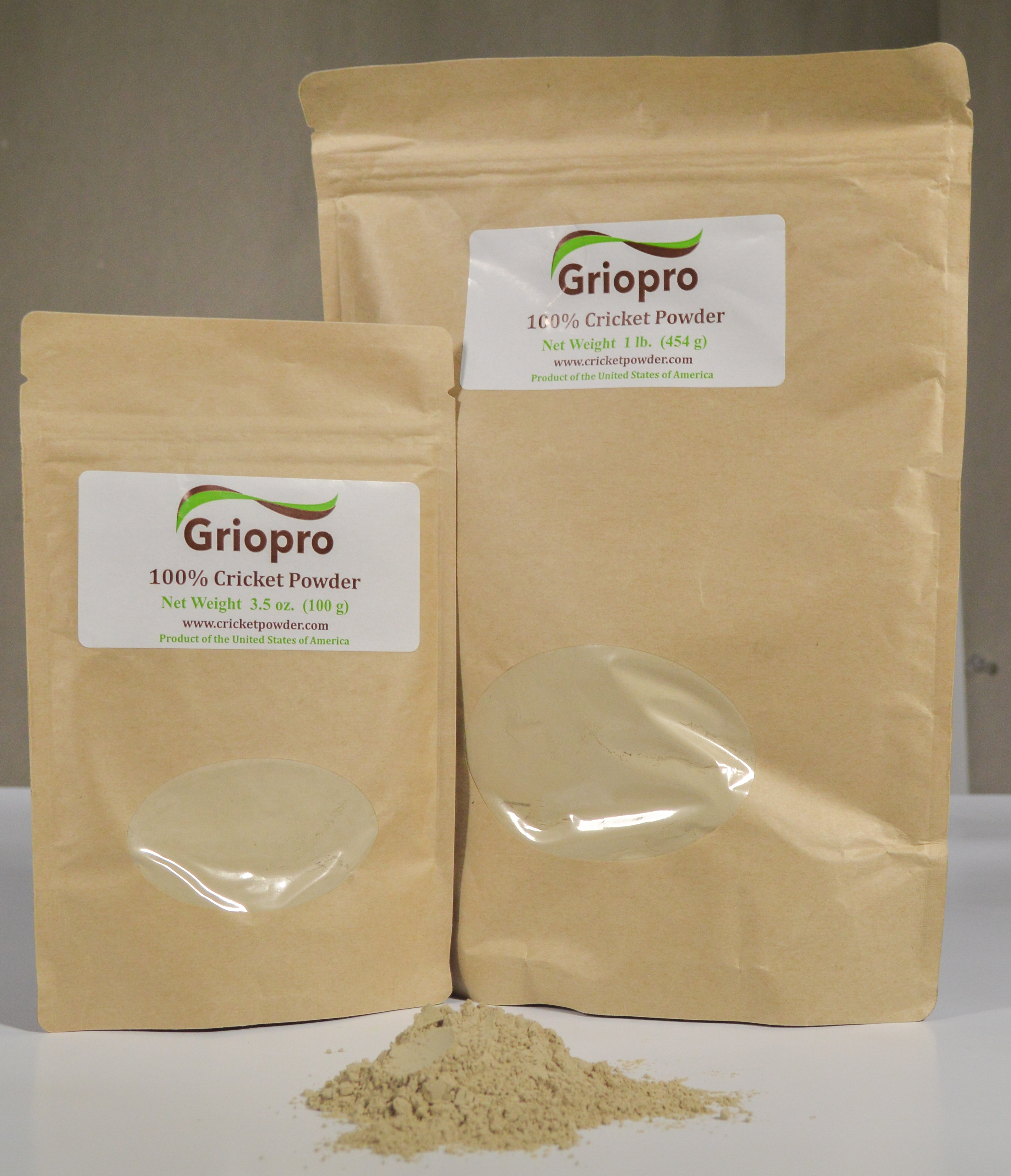 Sample of cricket powder in a 3.5-ounce and a 1-pound package